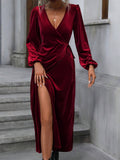 V-Neck Lace-Up Waist Slit Long Velvet Dress