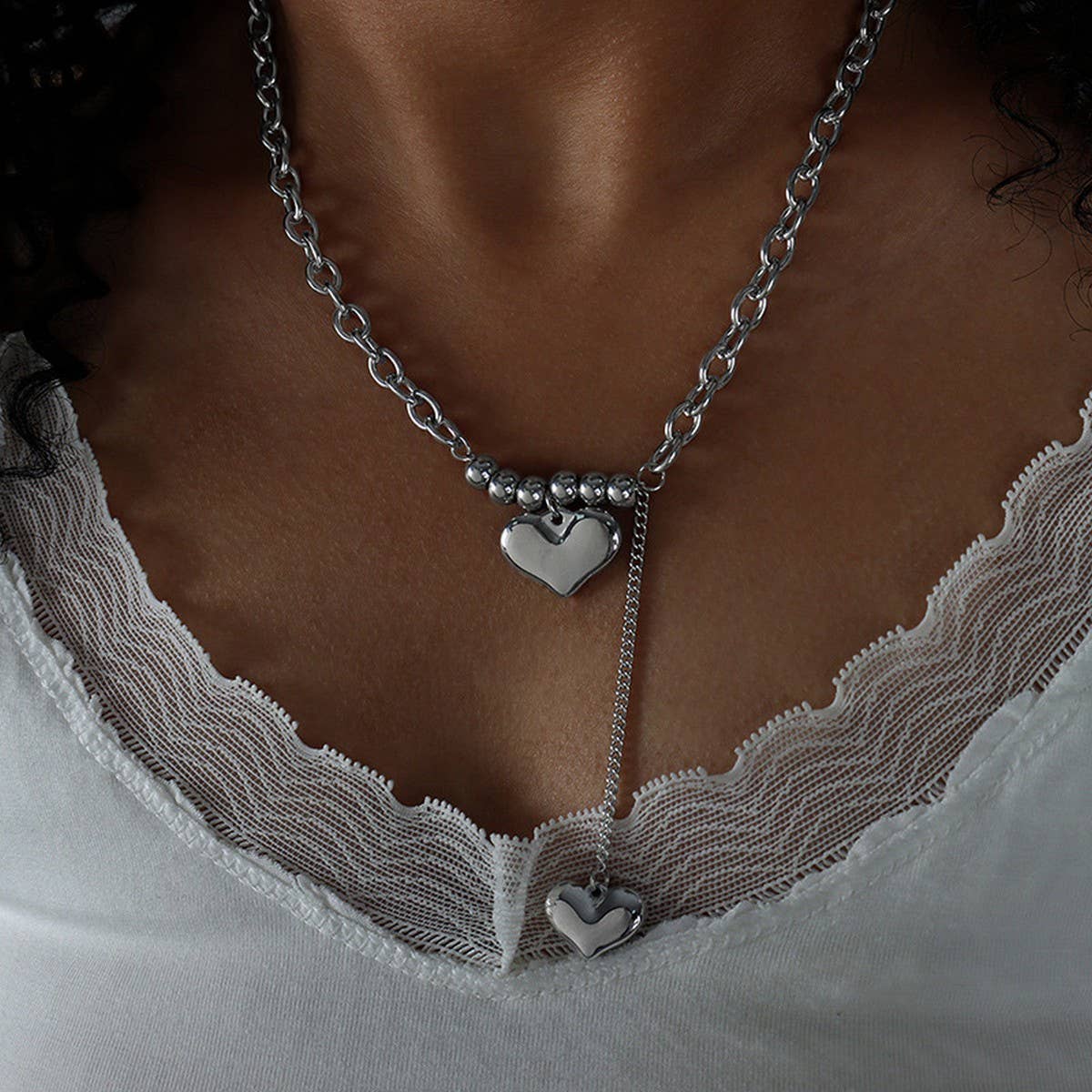 Titanium Steel Double Heart Pendant Necklace