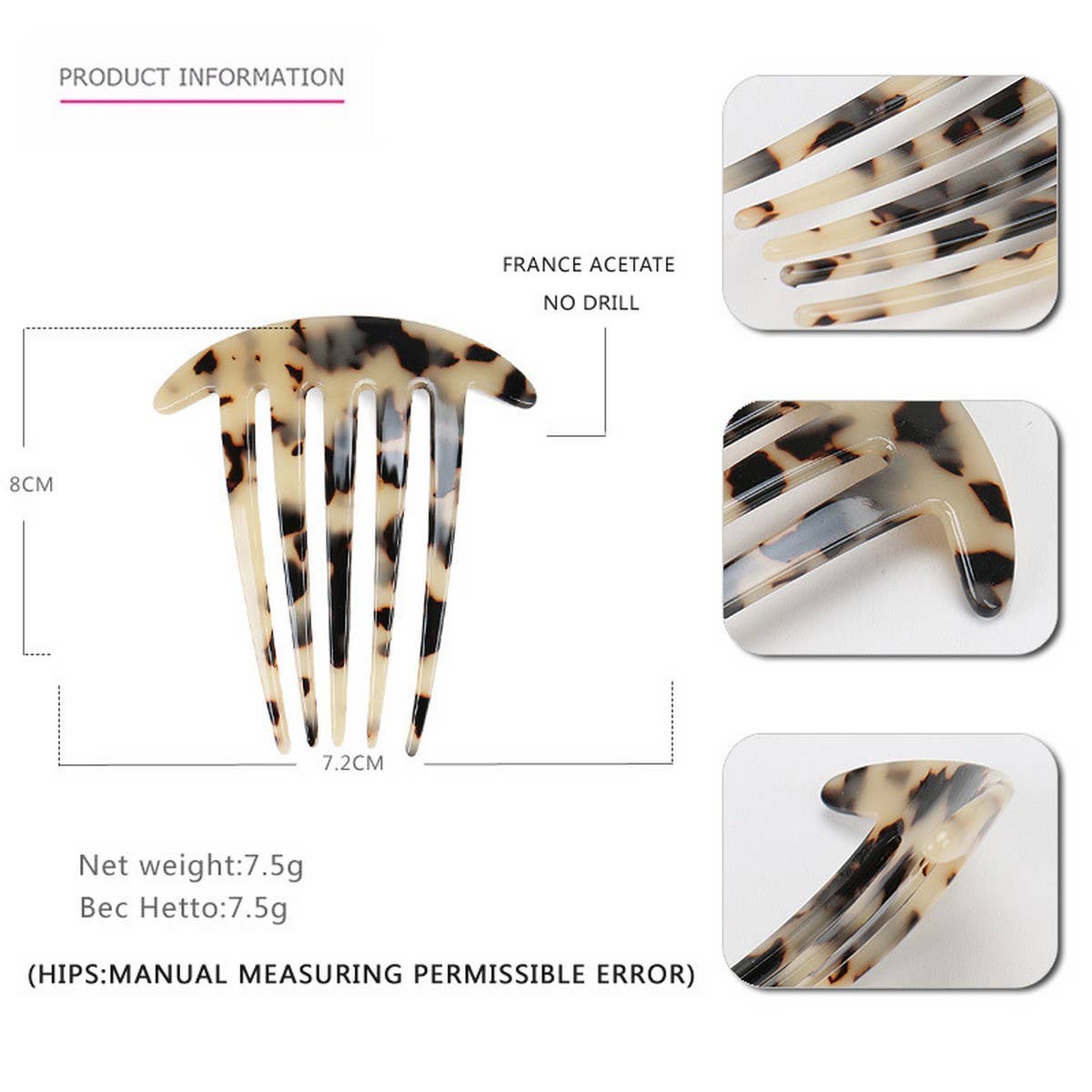 ACETATE PLATE HAIR COMB FIVE TOOTH HAIRACCESSORIES_CWAHA4216