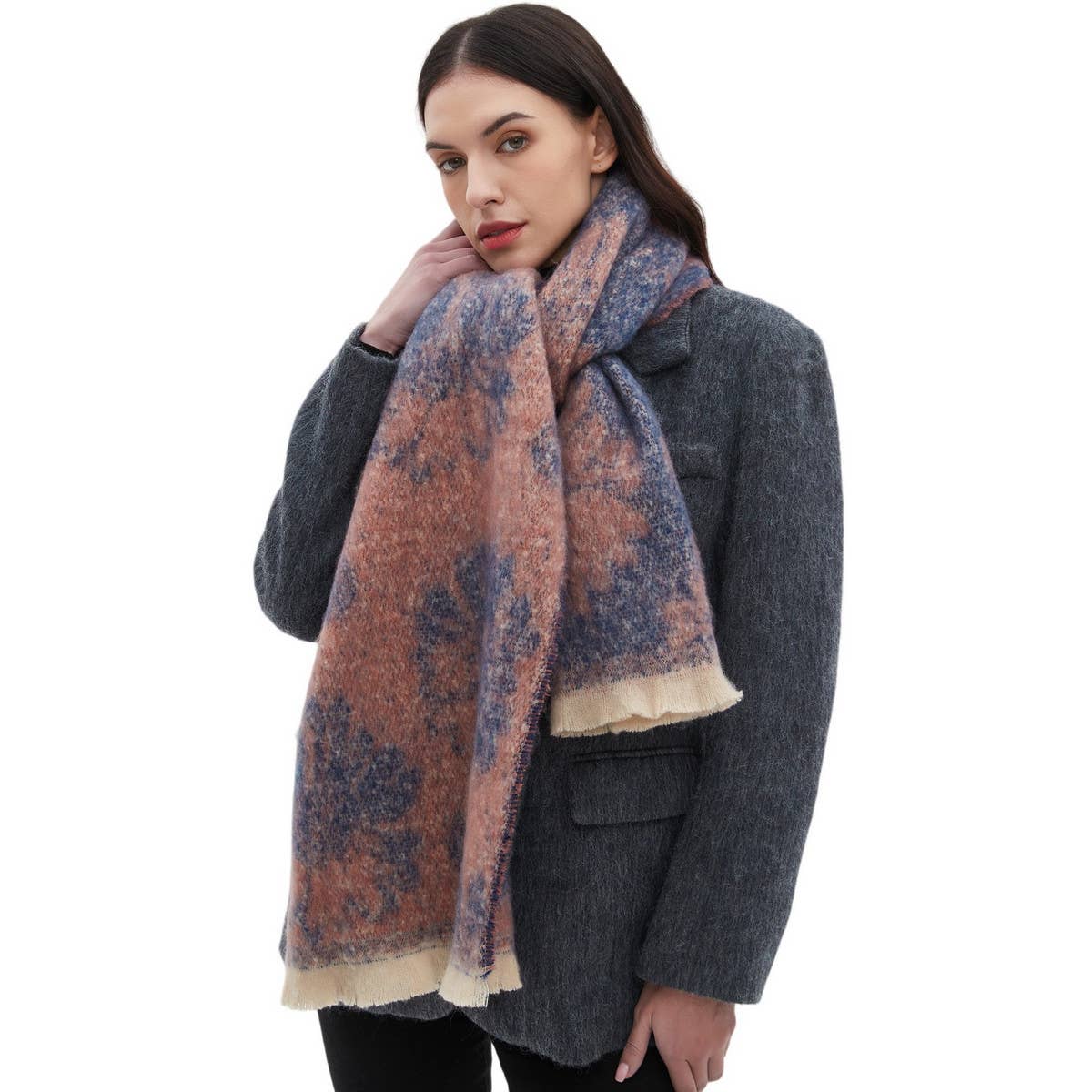 FLORAL JACQUARD SCARF WINTER SHORT FRINGE WRAP_CWASC1279