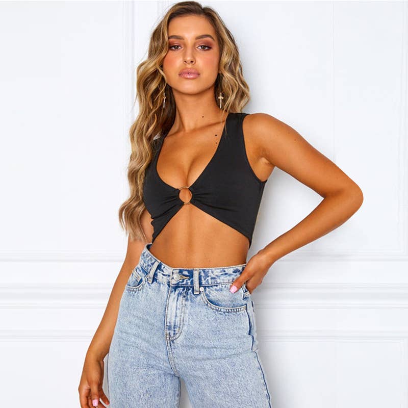 Solid Color Cut-Out V-Neck Vest With Midriff