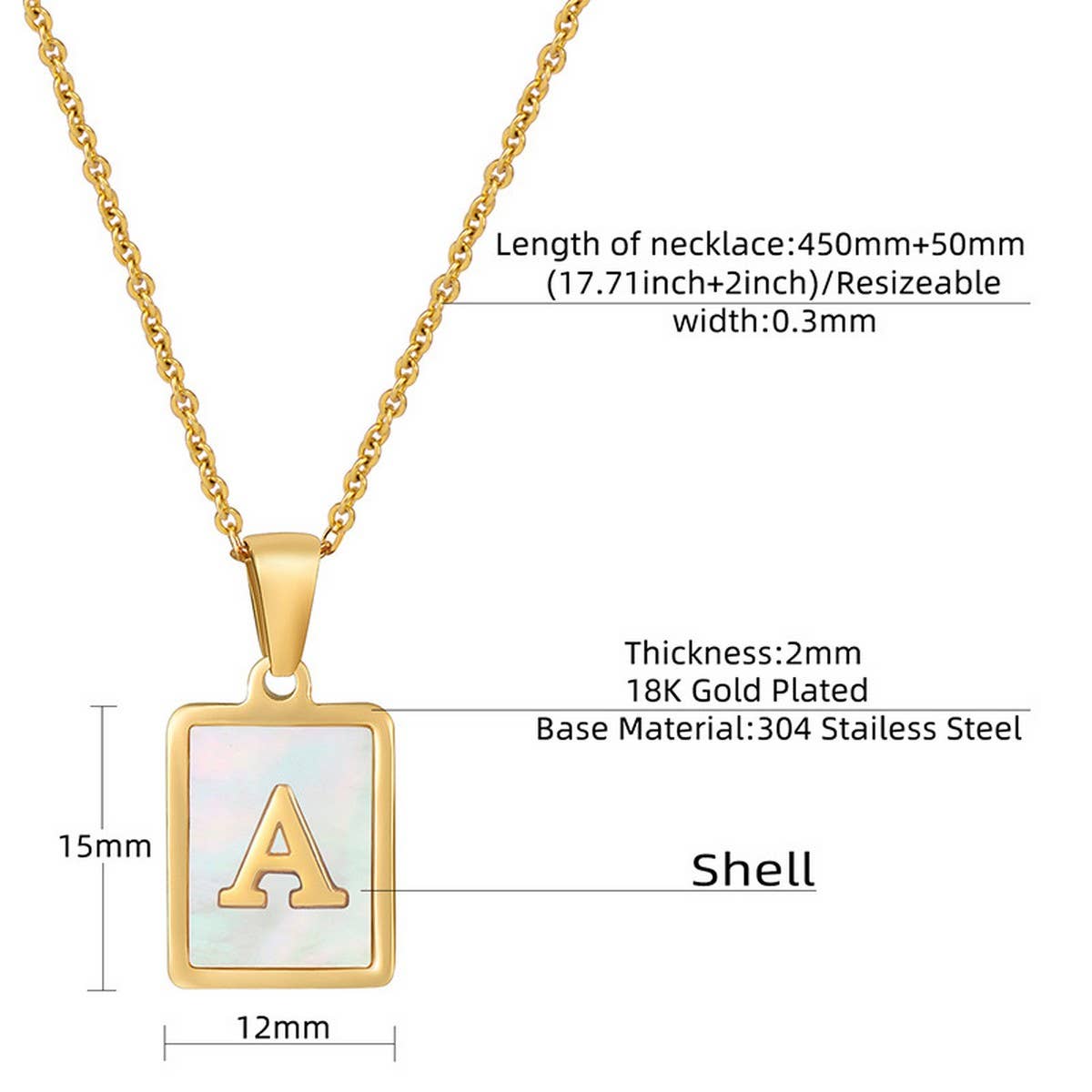 SQUARE SHELL 26 LETTER PENDANT NECKLACE_CWAJE0674
