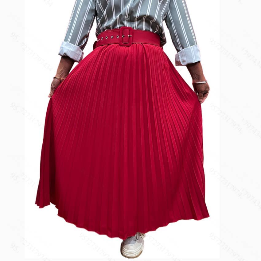 Solid-Color Fashionable Belt Pleated Skirt