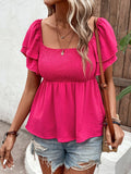 Solid-Color Cable-Lined Puffed-Sleeve T-Shirt