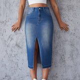 Split Hip Wrap A-Line Skirt Trend Blue Skirt