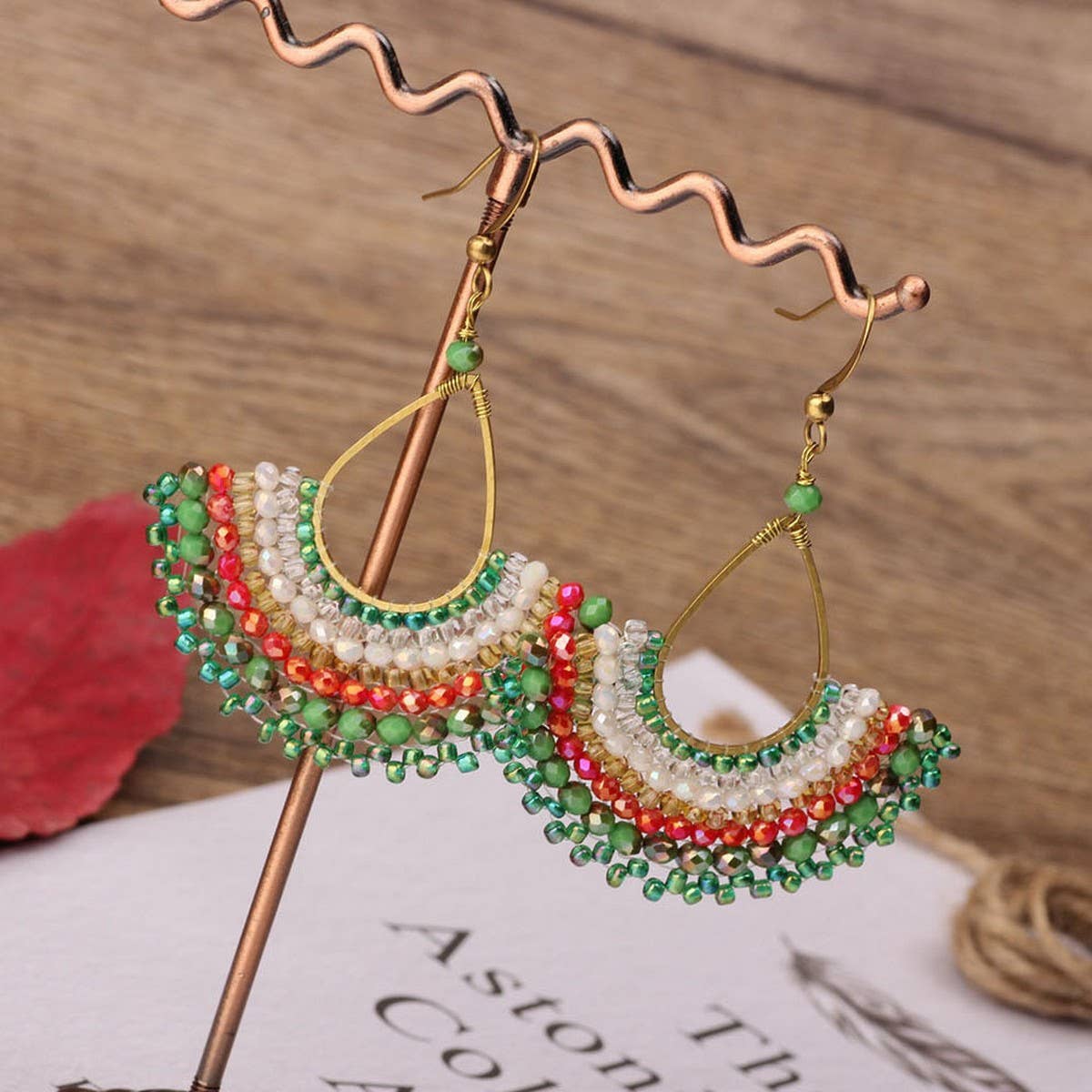 FASHIONABLE HAND WOVEN GREEN FAN EARRINGS_CWAJE4004