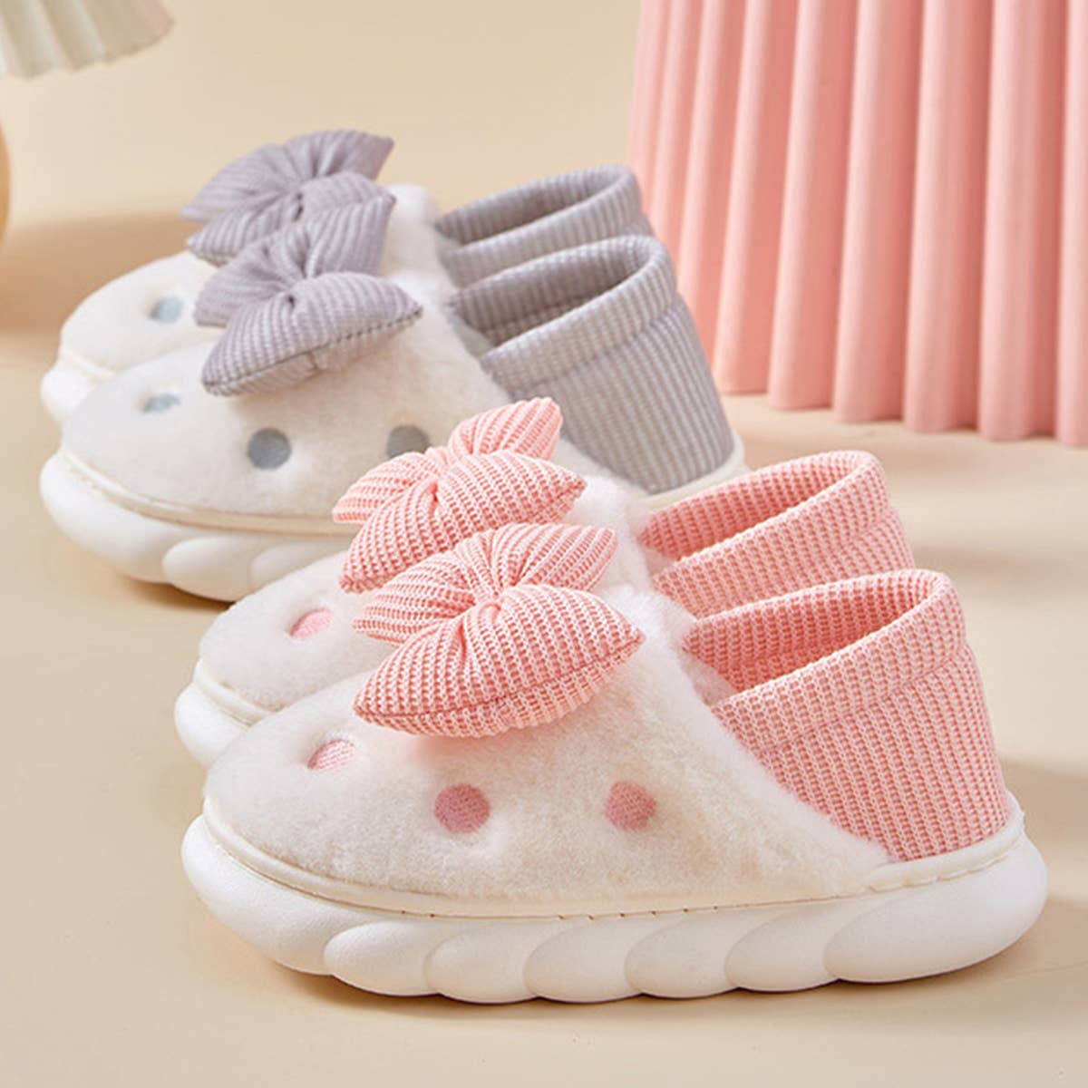 BOW DECOR MINIMALIST FLUFFY BEDROOM SLIPPERS_CWSHS0238