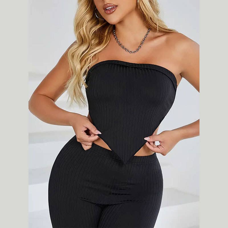 Strapless Top Elastic Waist Flare Two Piece Set