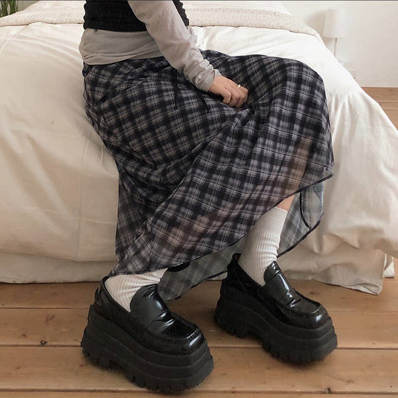 White Gauze Plaid Tall Waist Long Skirts