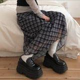 White Gauze Plaid Tall Waist Long Skirts