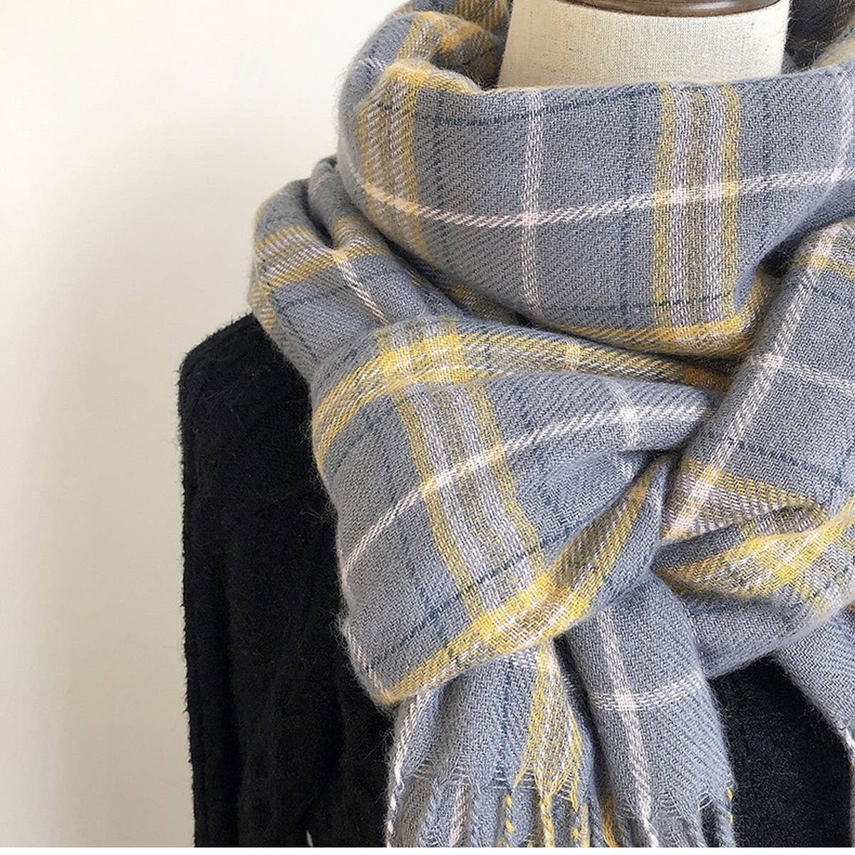 PLAID FAUX CASHMERE SCARF COZY FRINGE WINTER WRAP_CWASC1459