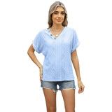 V-Neck Jacquard Loose Cutout Button T-Shirt
