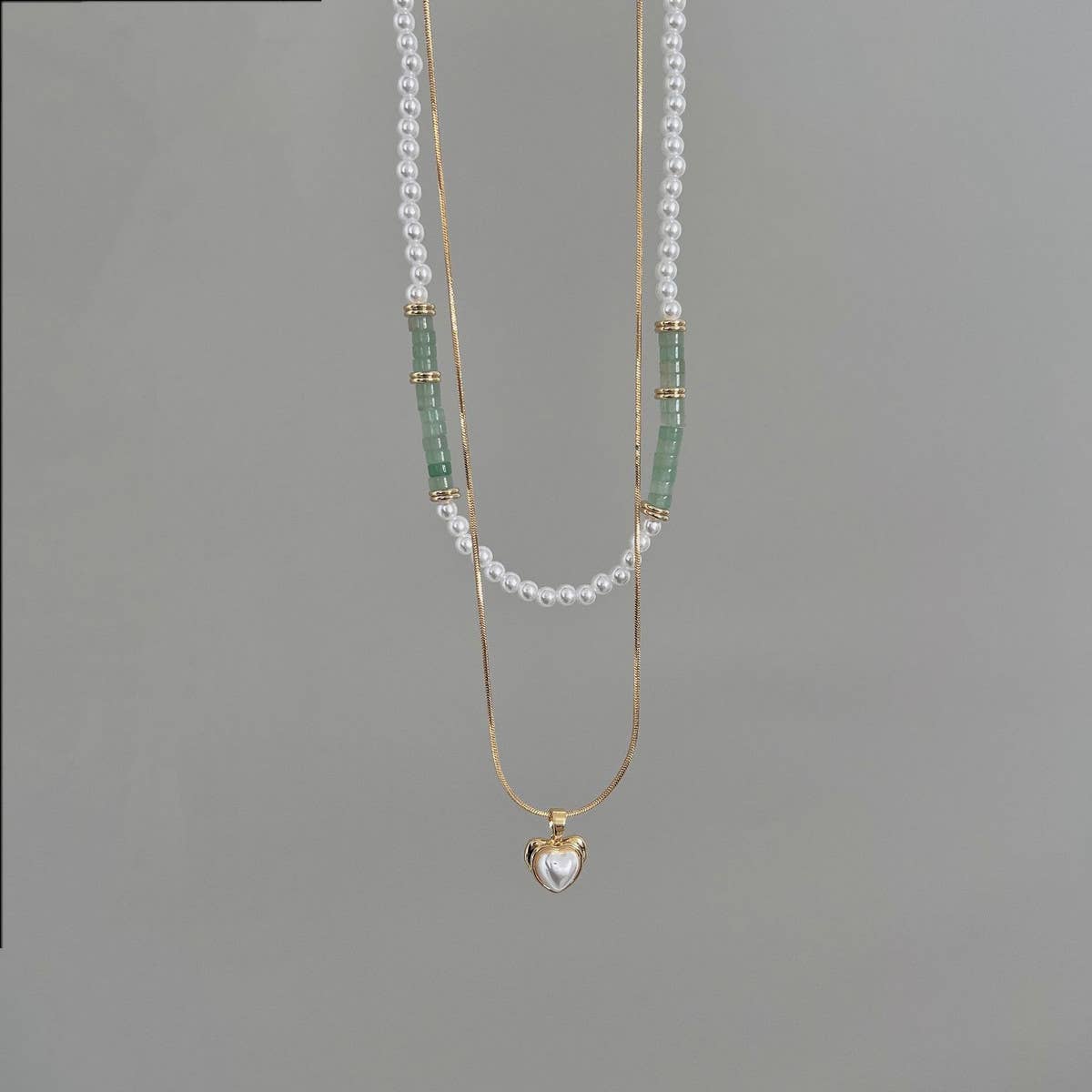 DOUBLE LAYER NATURAL STONE PEARL LOVE NECKLACE_CWAJE1263