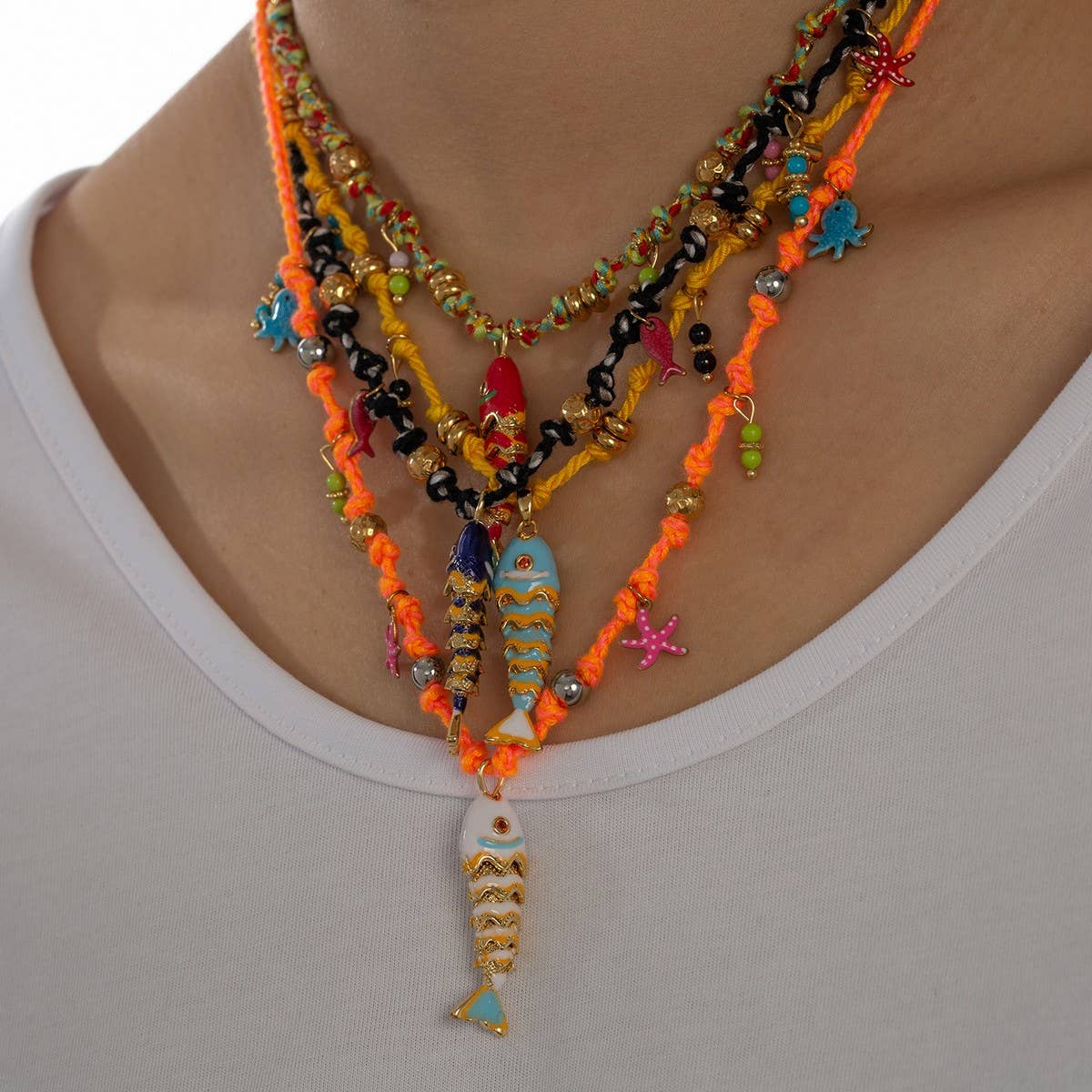 COLORFUL ENAMEL FISH ROPE NECKLACE FOR VACATION_CWMM8812