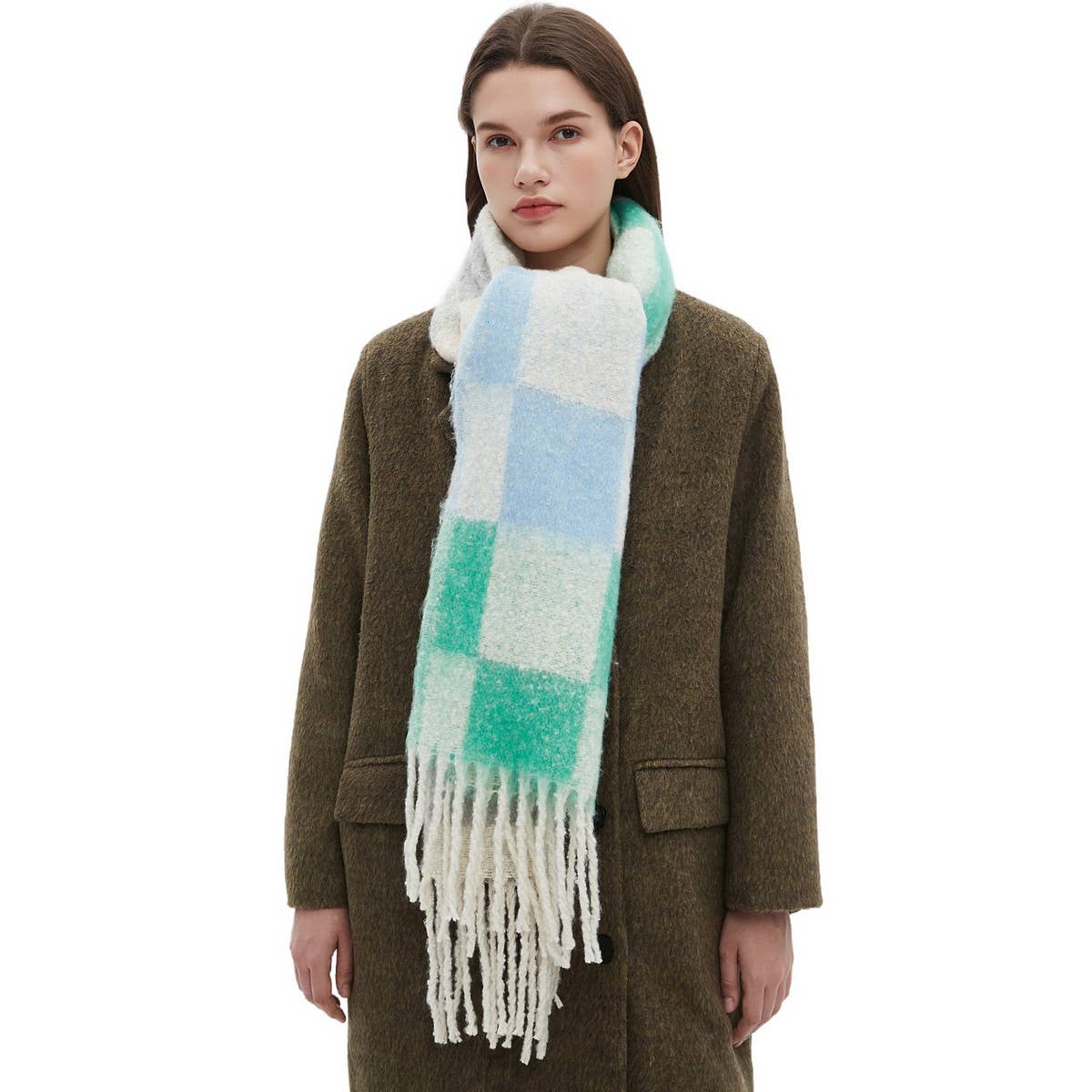 TASSEL CIRCLE YARN CHECKERED SCARF FOR FALL WINTER_CWASC1280