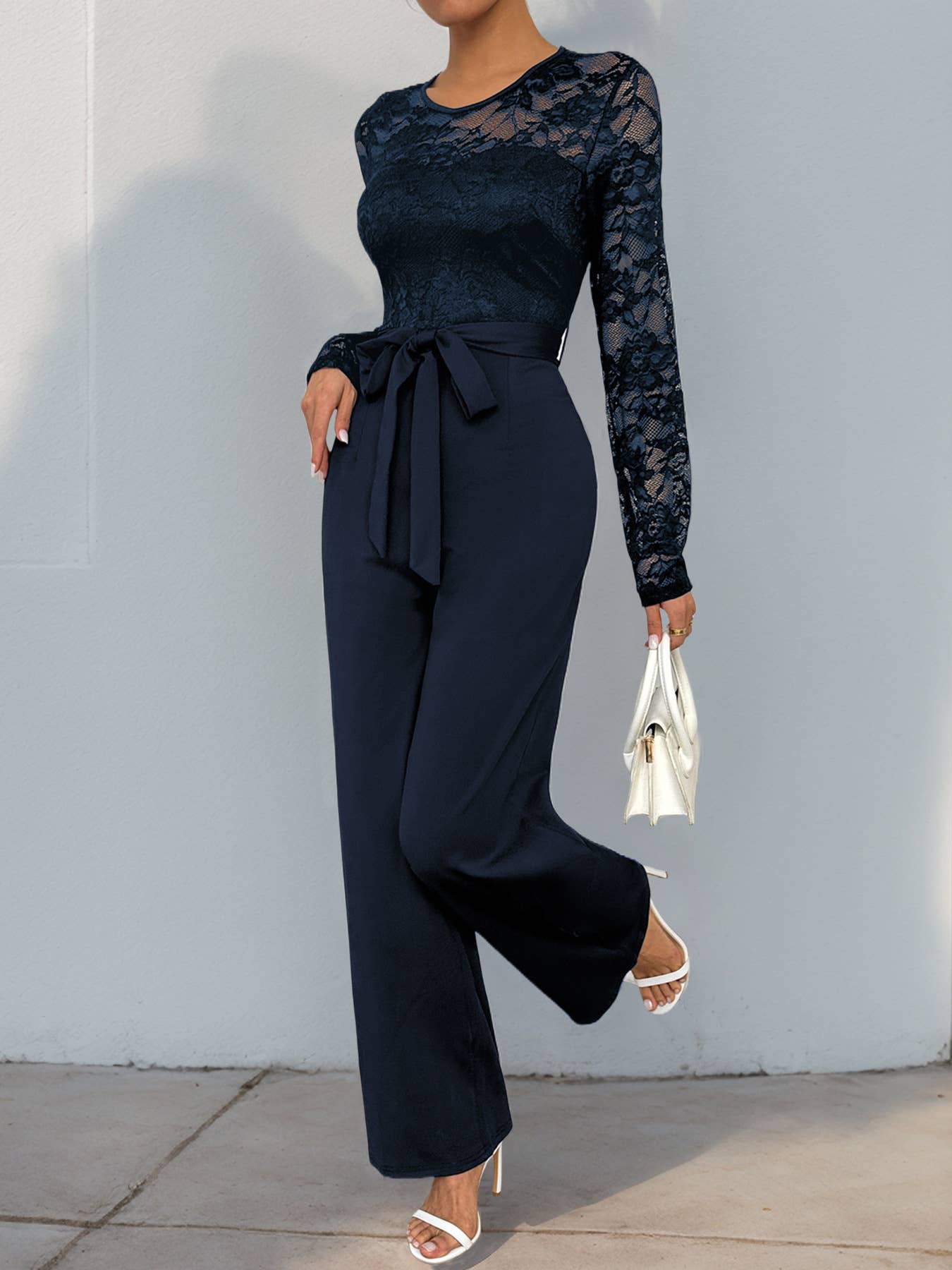 Solid Color Jumpsuit Lace Patchwork Zipper
