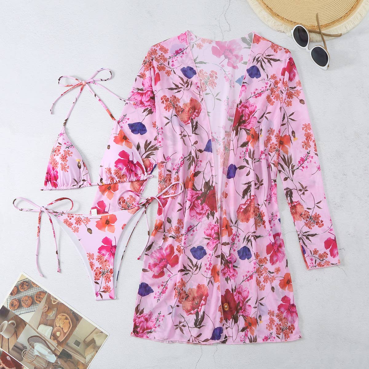 FLORAL PRINT COVER UP BIKINI 3PCS SET SWIMSUIT_CWMW0317
