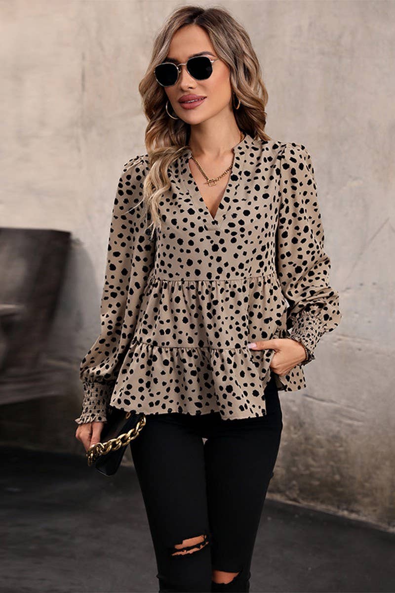 Women V Neck Leopard Printed Ruffled Shirt_Cwtstl0588