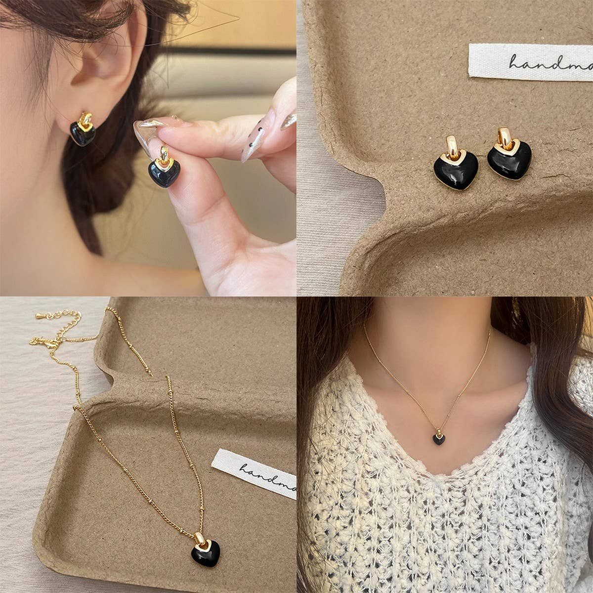 Valentines Day Black Heart Pendant Earrings