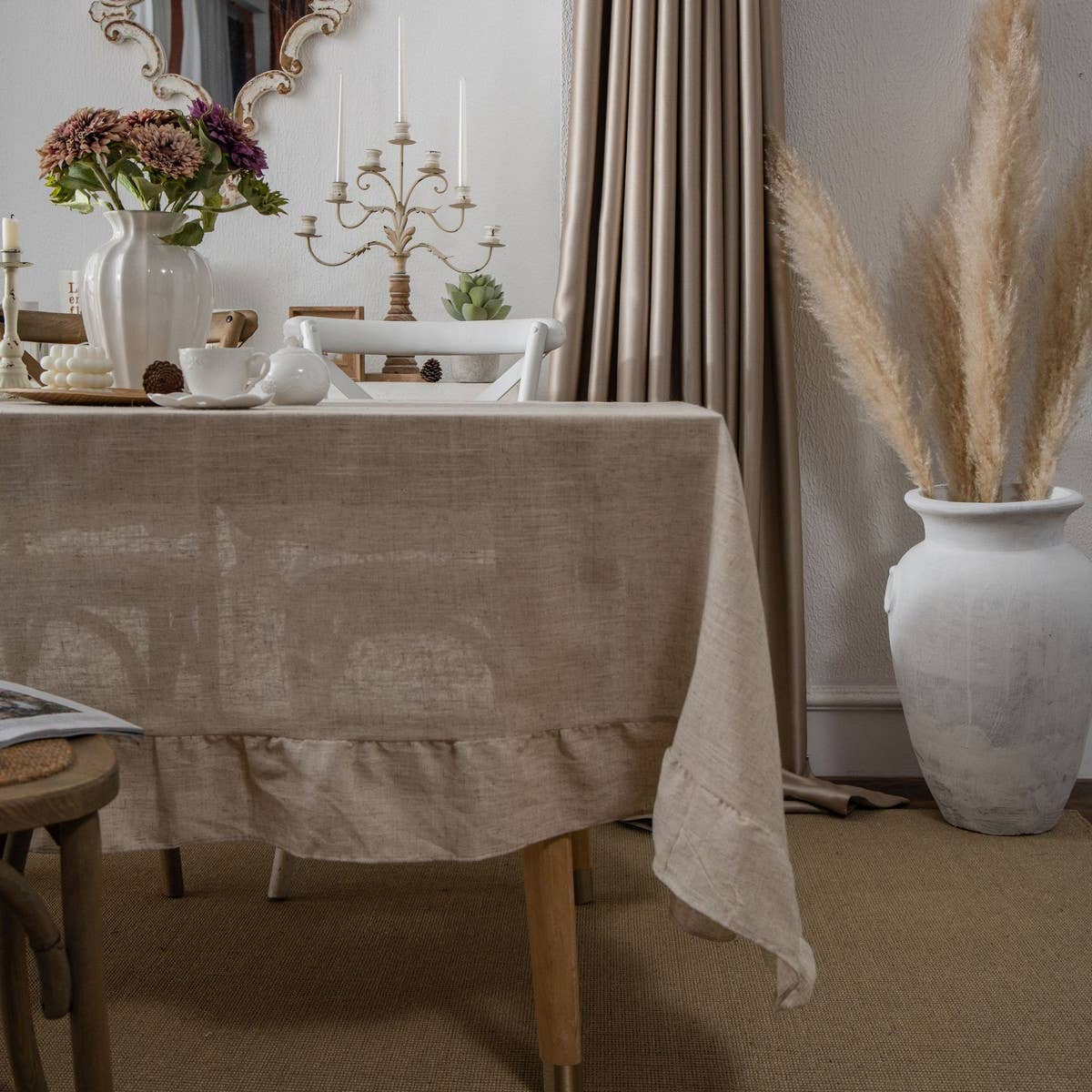 HOME PLAIN RUFFLED POLYESTER AND LINEN TABLECLOTH_CWMM0967