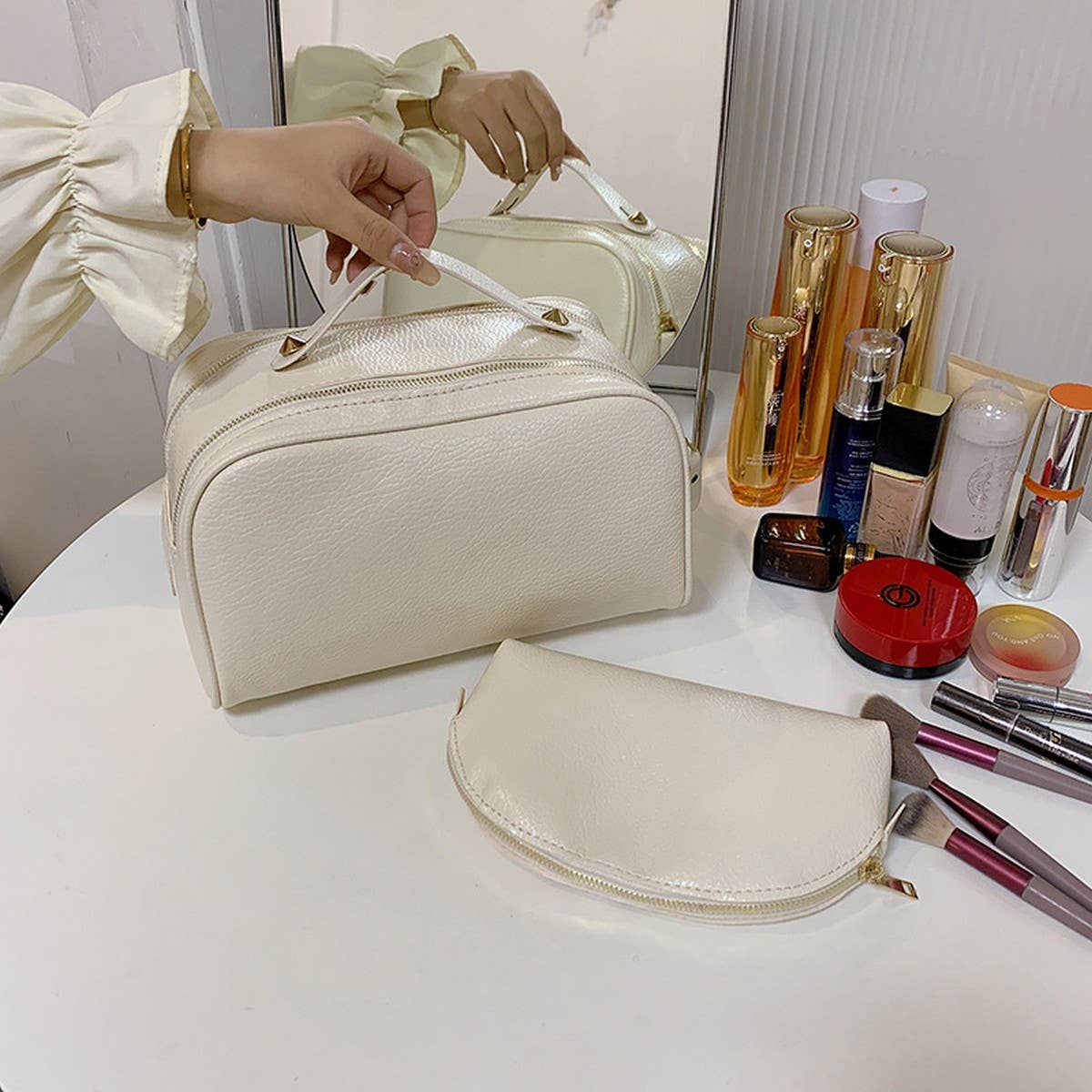 SIMPLE LEATHER MOTHER AND CHILD COSMETIC BAG_CWAB4436