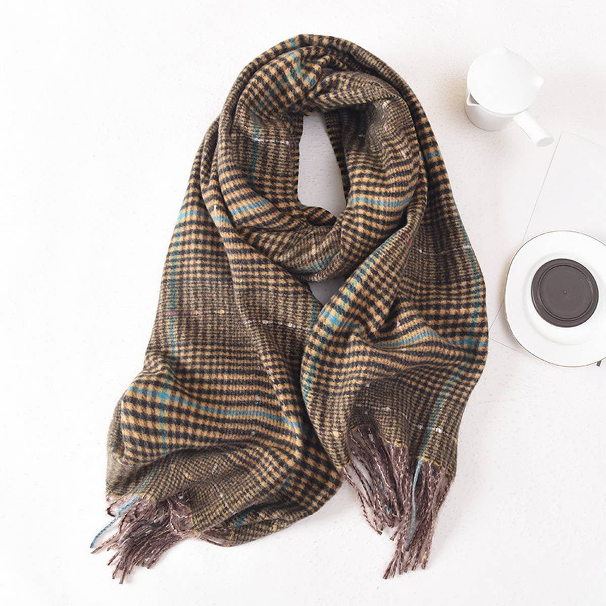 Women Color Matching Plaid Tassel Warm Scarf