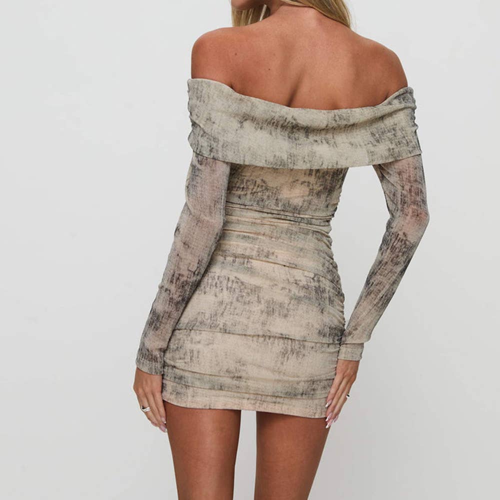 Tie Dye Long Sleeve Line Neck Sexy Spice Dress