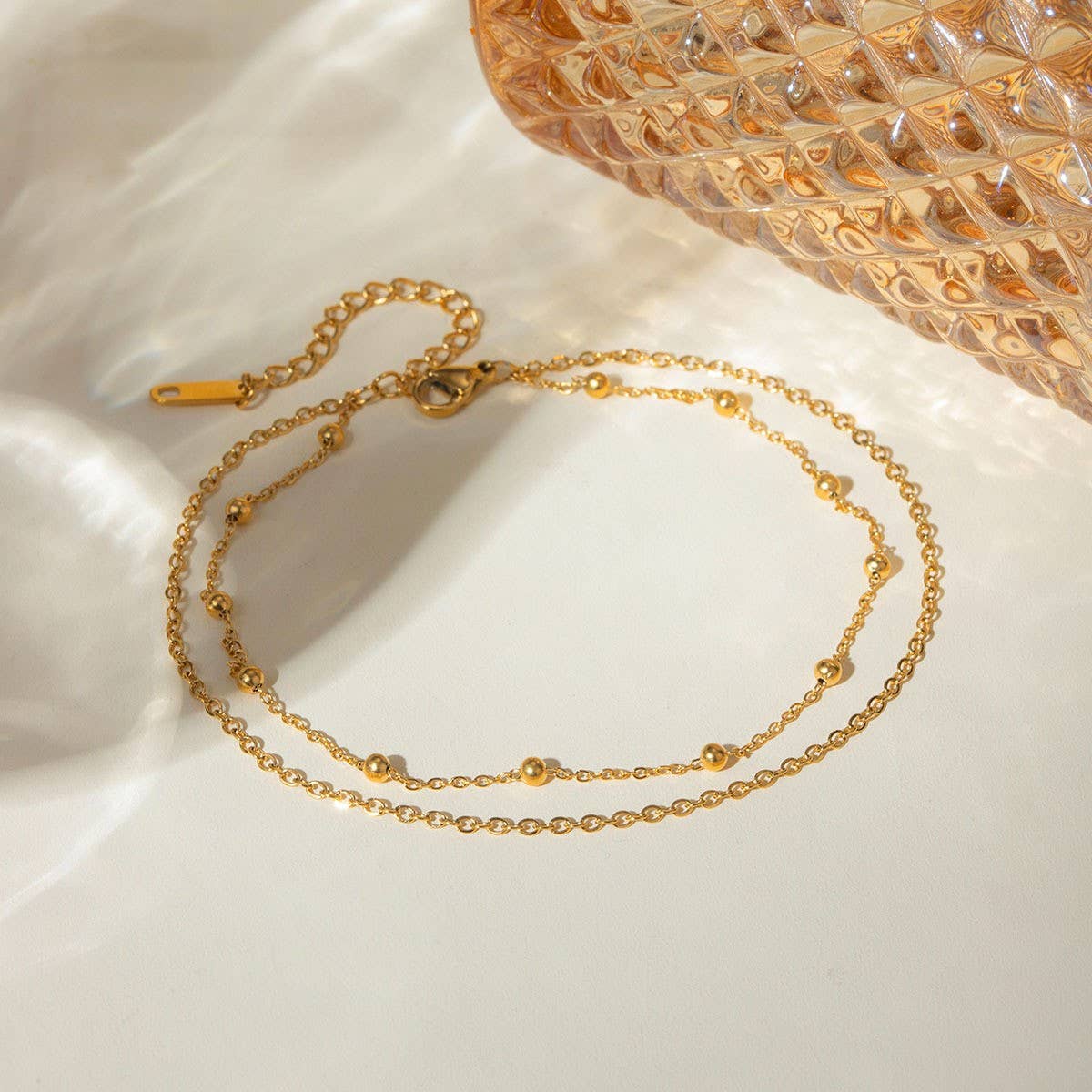 18K GOLD DOUBLE LAYER BEADED ANKLET NON TARNISH_CWAJE4636