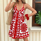 V-Neck High-Waisted Printed Halter Dress