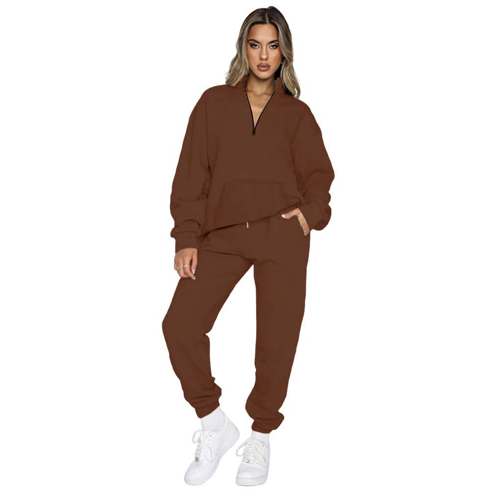Solid-Color Zipper Sweatshirt And Sweatpants Set
