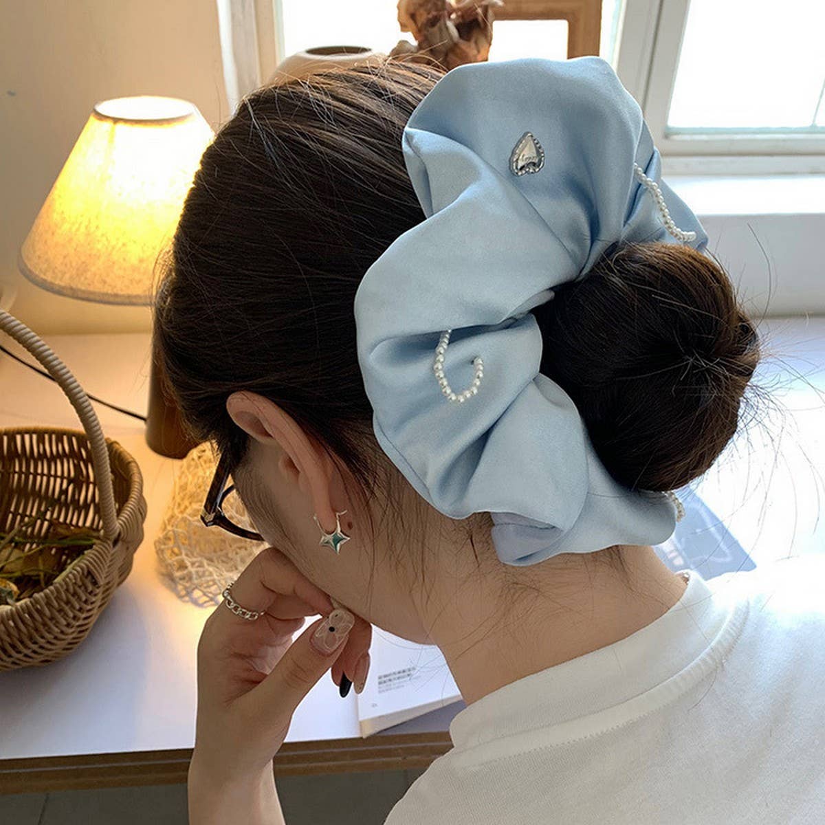 BLUE SATIN PEARL SCRUNCHIE FOR BUN HAIRSTYLES_CWAHA5503