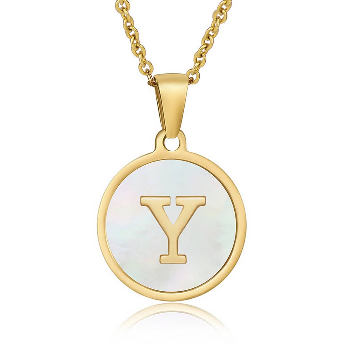 Cwaje1934_Round Stainless Steel White Shell Letter Necklace