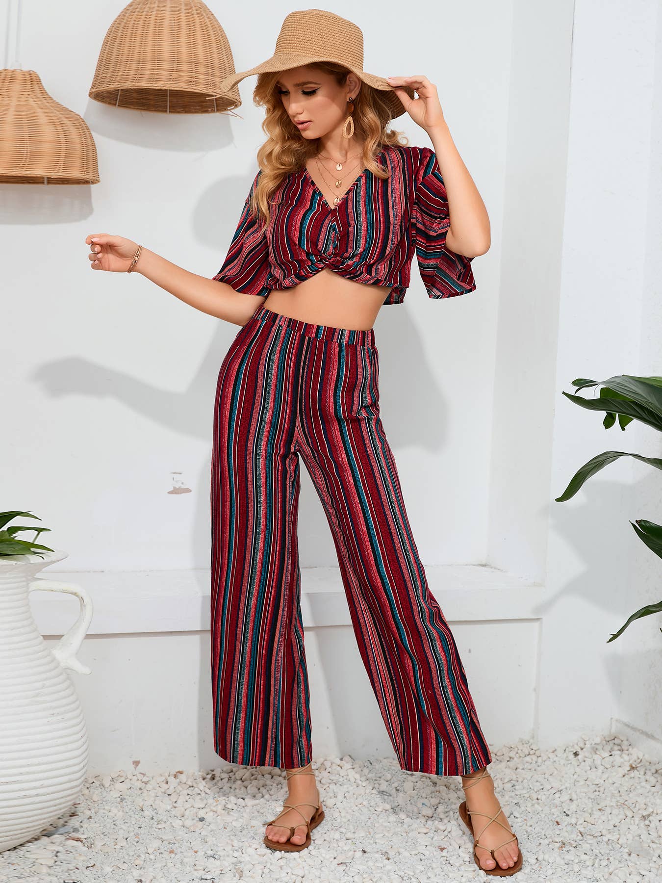 Striped Pants Short Sleeve Top Two-Piece Set