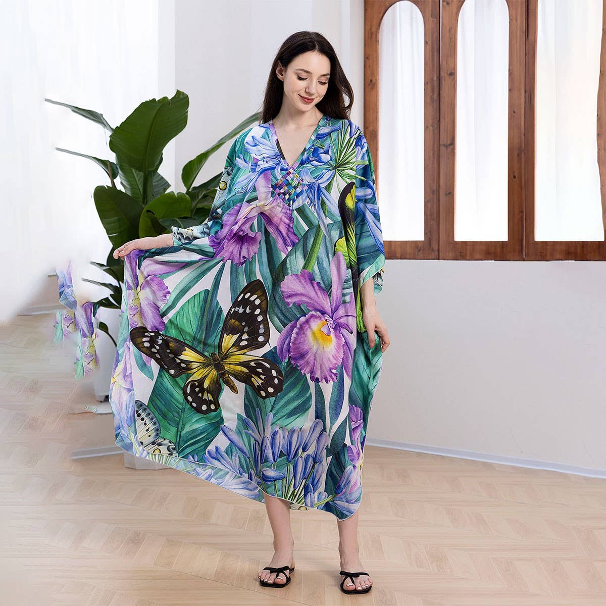 PLUS SIZE BUTTERFLY PRINT BEACH COVER UP DRESS_CWMM6199