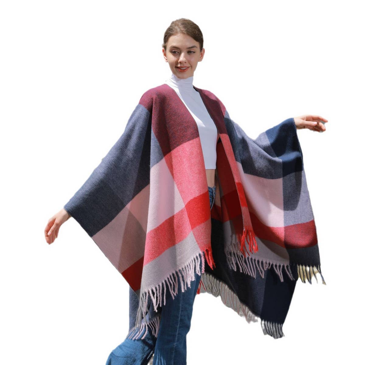 SIMPLE TASSEL MULTI COLOR LARGE PLAID SHAWL_CWASC0942