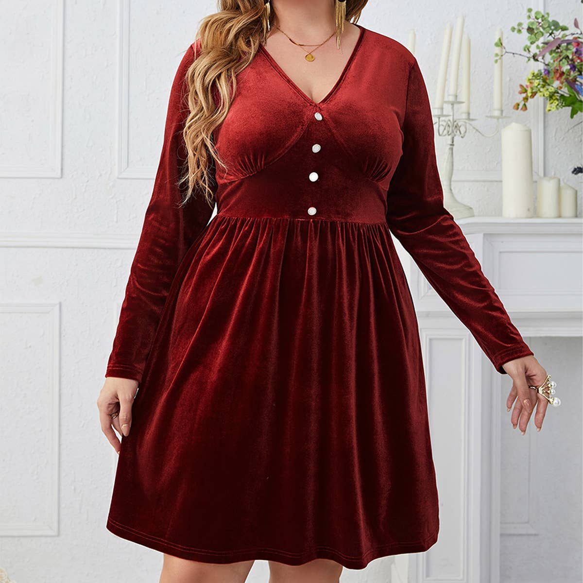 DEEP RED V NECK SLIM FIT HIGH WAIST DRESS_CWDSD8476