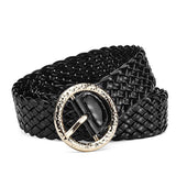 METAL ROUND BUCKLE PATENT LEATHER BRAIDED WIDE BELT_CWMM0765