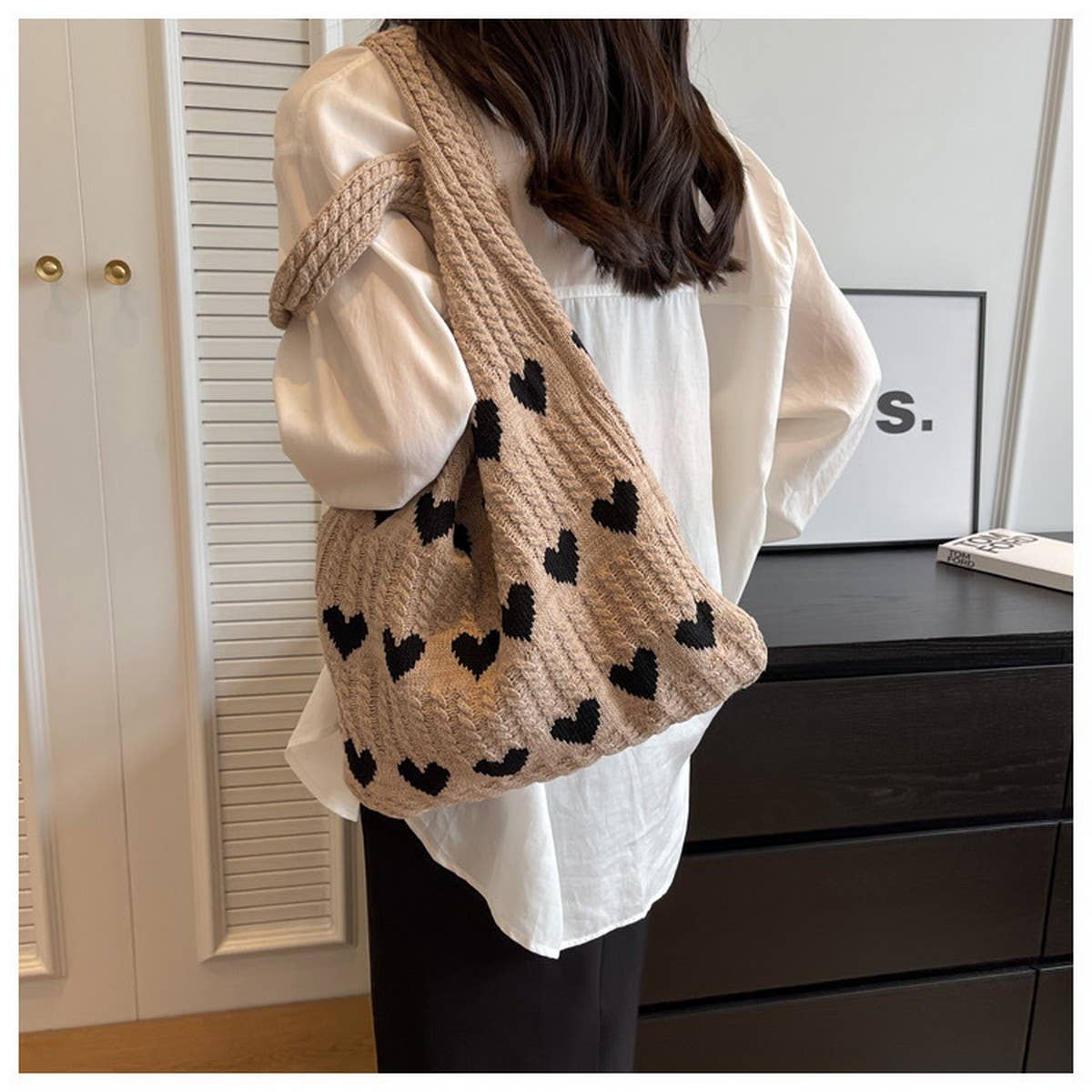 Cwab4569_Heart Pattern Knitted Large Capacity Tote Bag