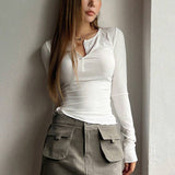 Solid Color Crew-Neck Button Casual Slim-Fit Top