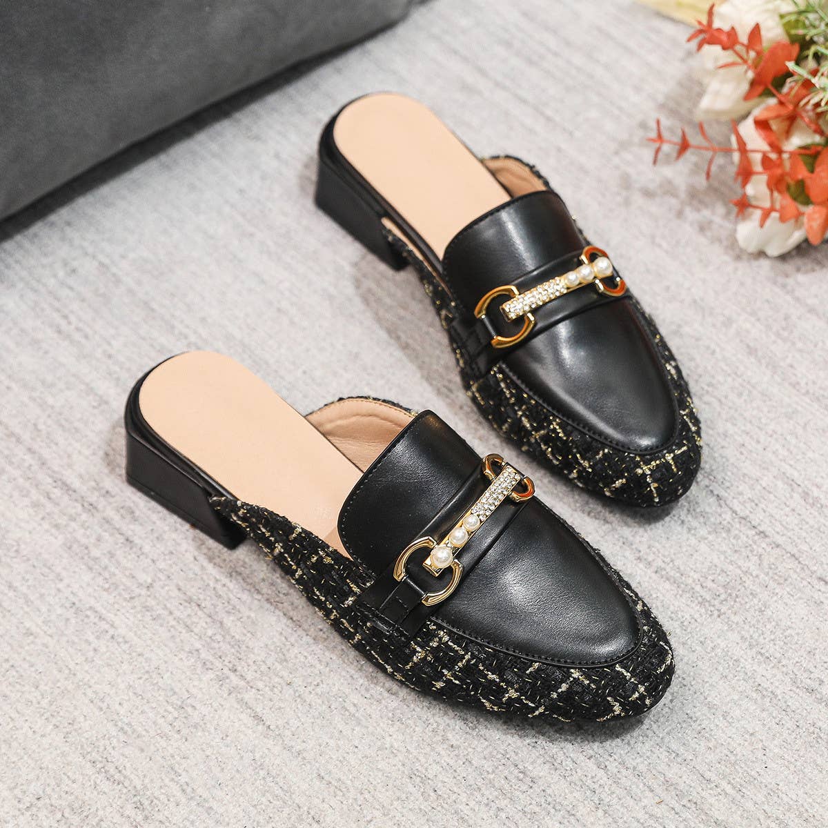 Women Single Shoes Round Toe Rhinestone Mules