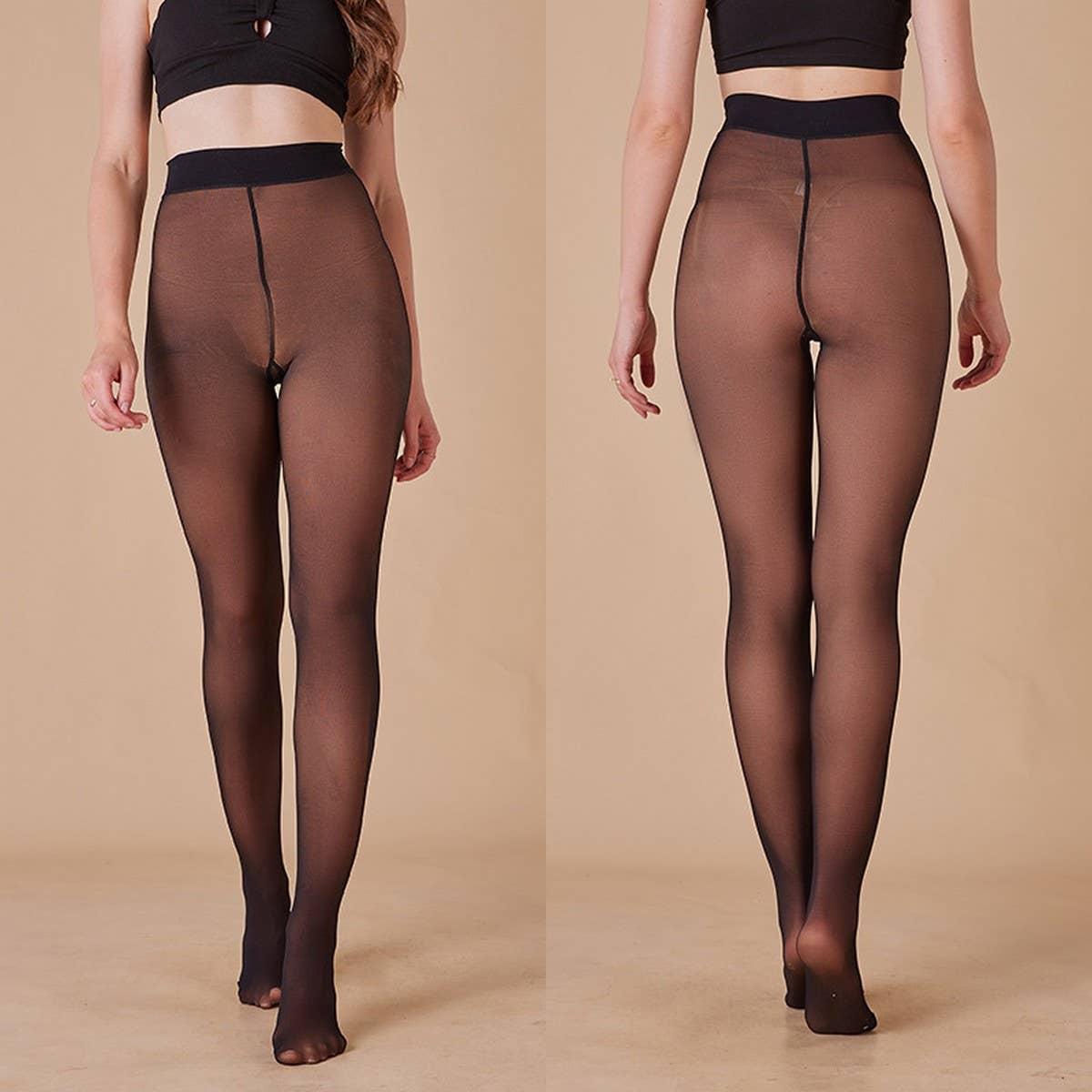 PLUS SIZE BLACK NYLON SHEER LEGGINGS WITH GUSSET_CWMM8971