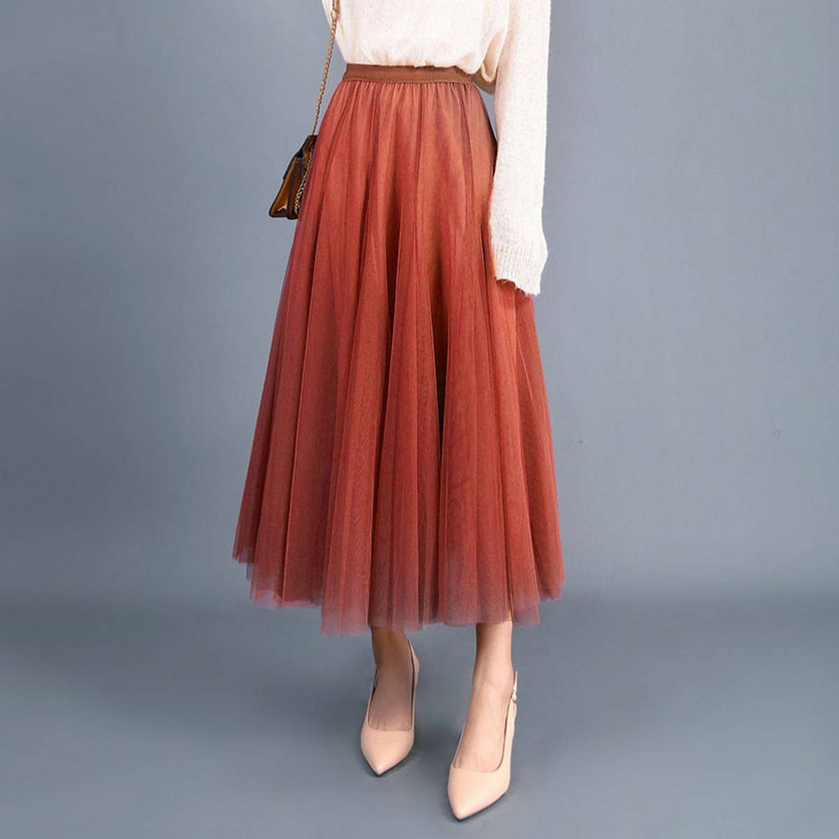HIGH WAIST TULLE A LINE PLEATED MIDI SKIRT_CWBMS0378