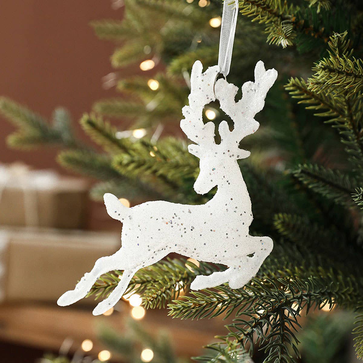 PLASTIC WHITE GLITTER DEER XMAS TREE HANGING DECOR_CWMM9783