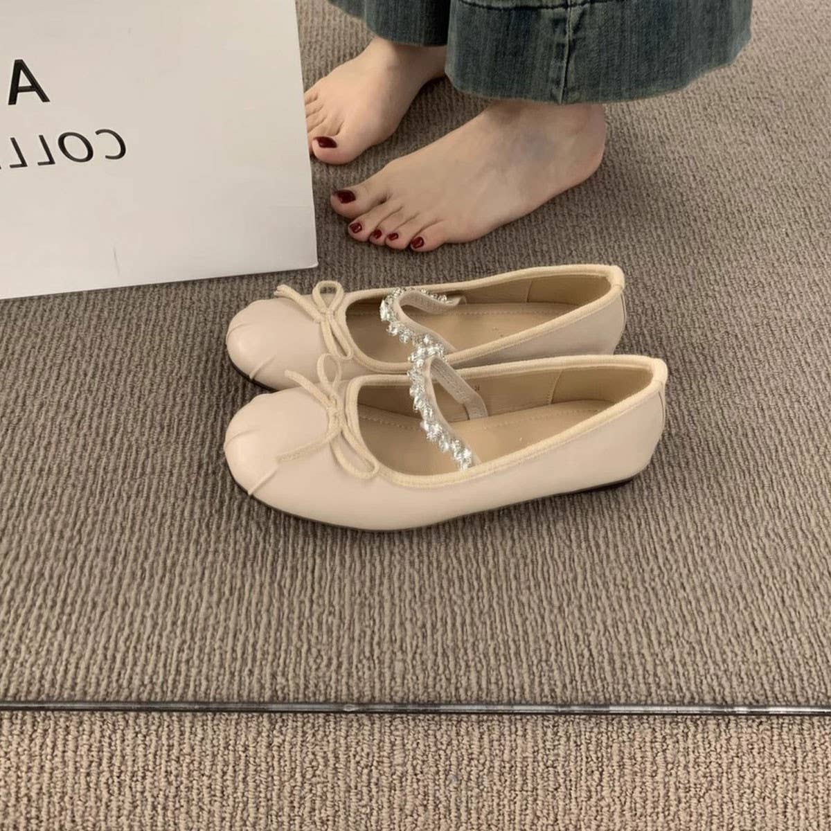 RHINESTONE STRAP FLAT MARY JANE BOW BALLET FLATS_CWSHF0118