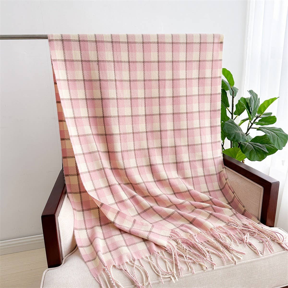 PLAID FAUX CASHMERE SCARF COZY LONG FRINGE WRAP_CWASC1442