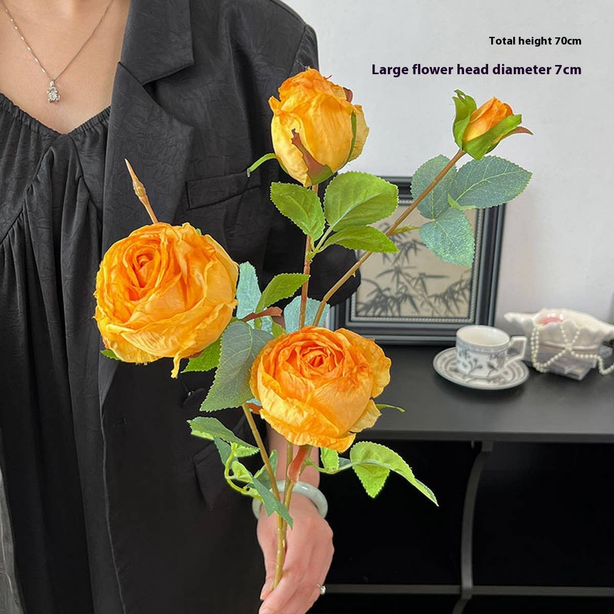 SINGLE STEM 4 HEAD COUNTRY STYLE BURNT EDGE ROSES_CWMM6473