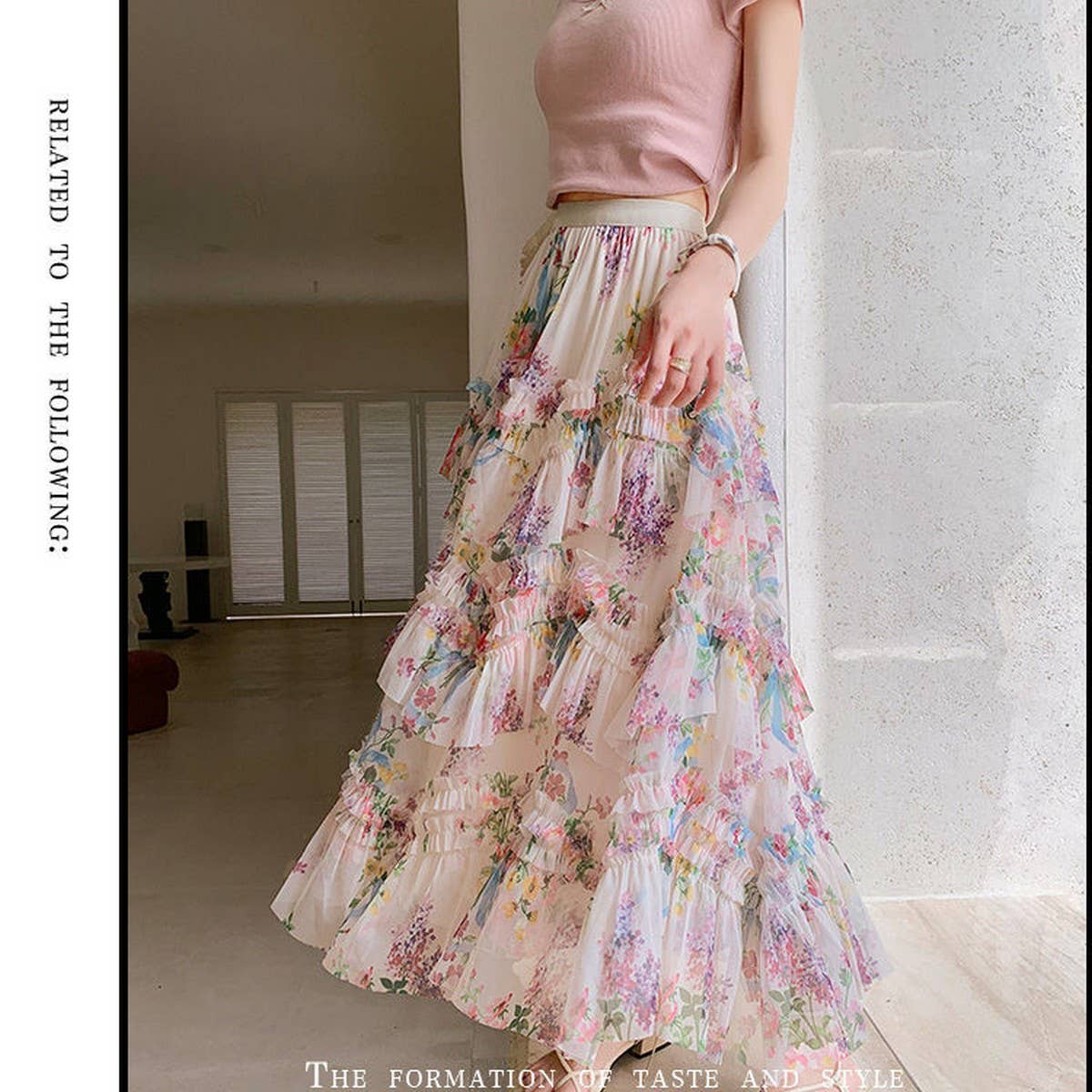 COLORFUL FLORAL MESH PRINT PLEATED TULLE SKIRT_CWBLS0399