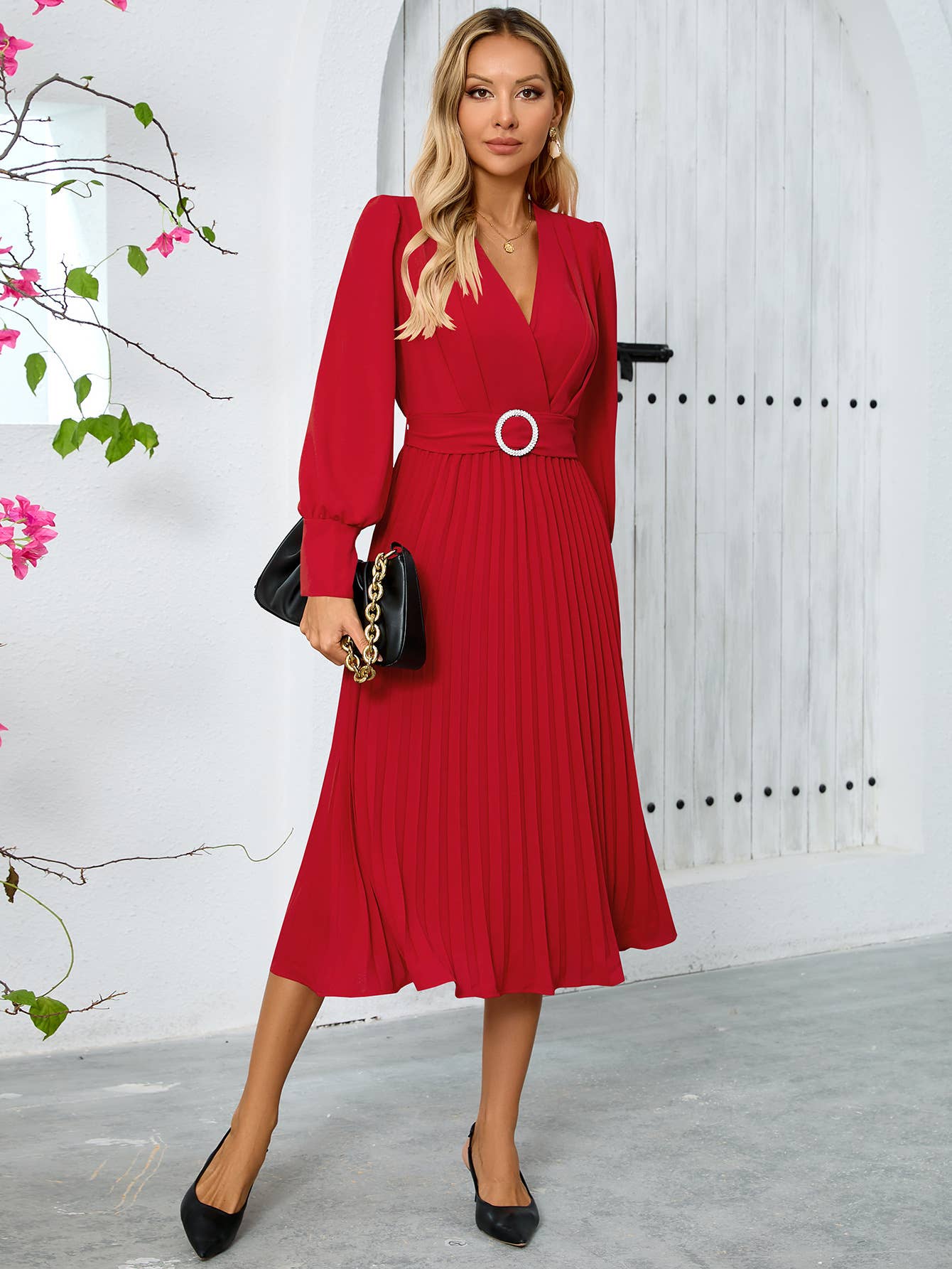 V-Neck Fashion,Slimming Elegant Pleated Dress