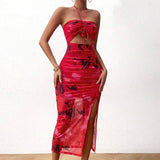 Womens Sexy Backless Ruched Fit Floral Dress