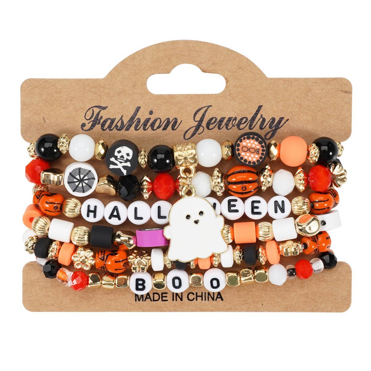 Cwaje05679_Halloween Boo Beaded Elastic Bracelet Set 6Pcs